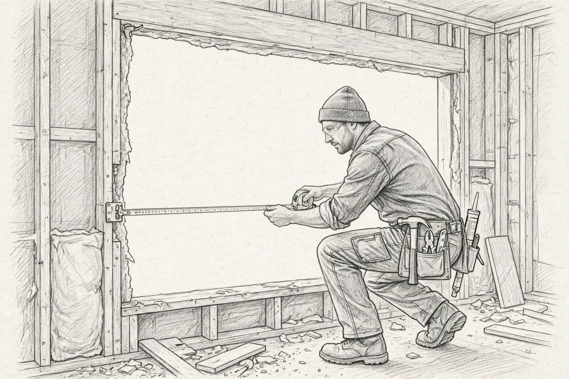 Contractor measuring wide window rough opening