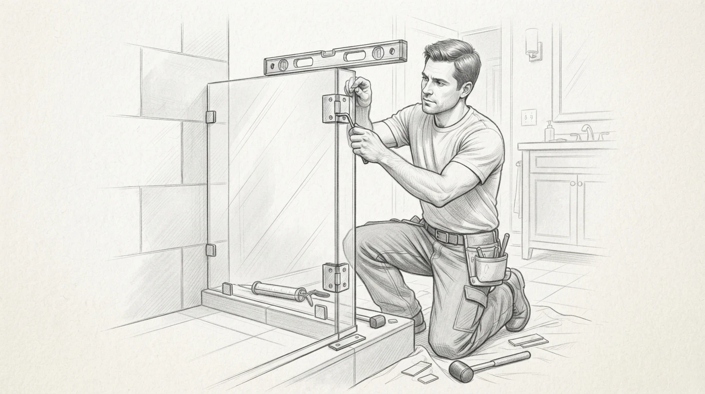 Technician adjusting frameless shower door hinges