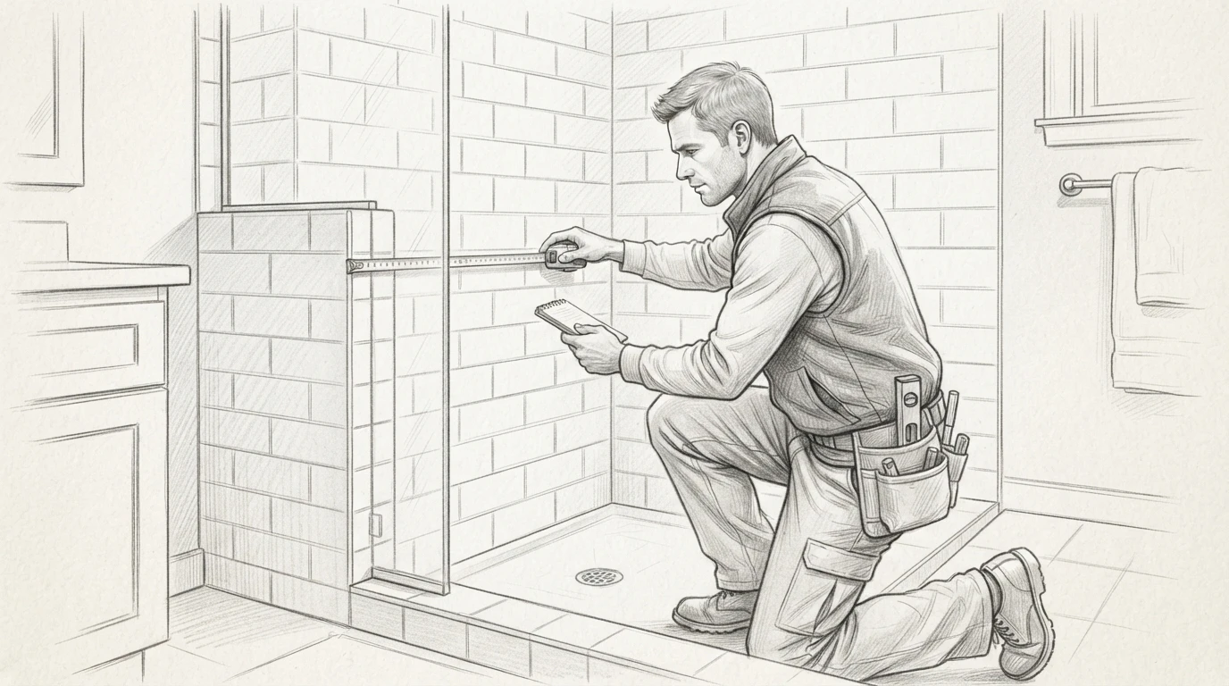 Technician measuring tile shower for glass