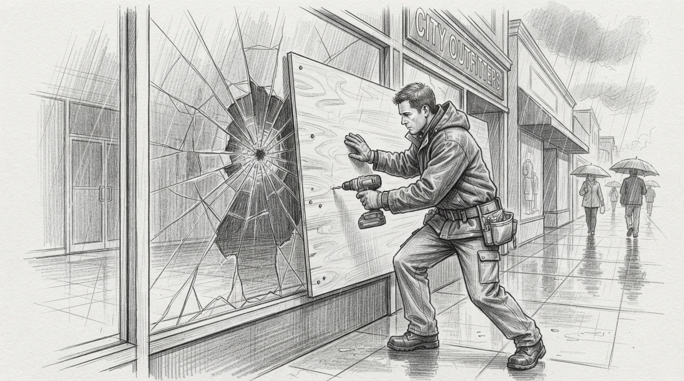 Glazier boarding up a cracked storefront during a rainstorm