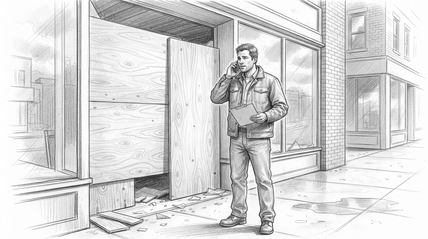 Shop owner on phone near plywood-covered storefront