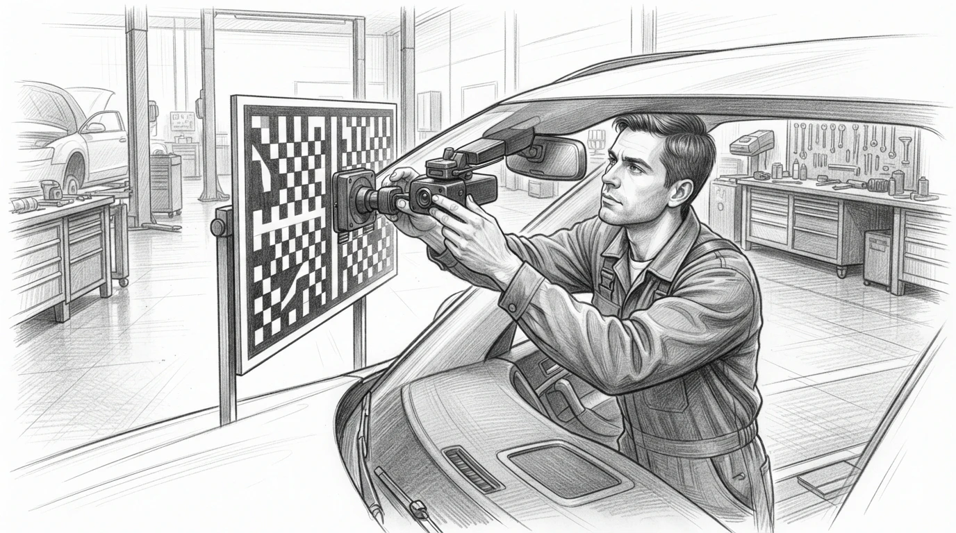 Technician recalibrating ADAS camera on target board