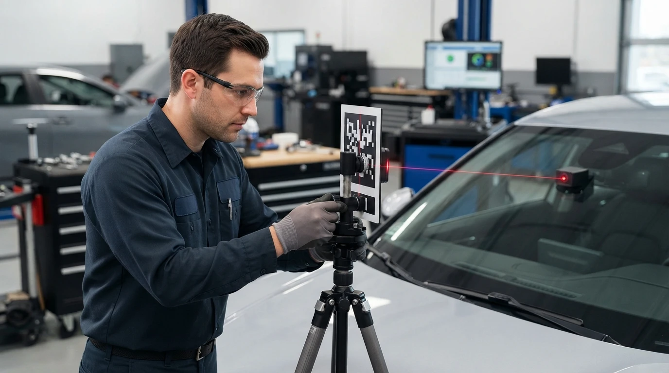 Technician calibrates windshield camera with laser target