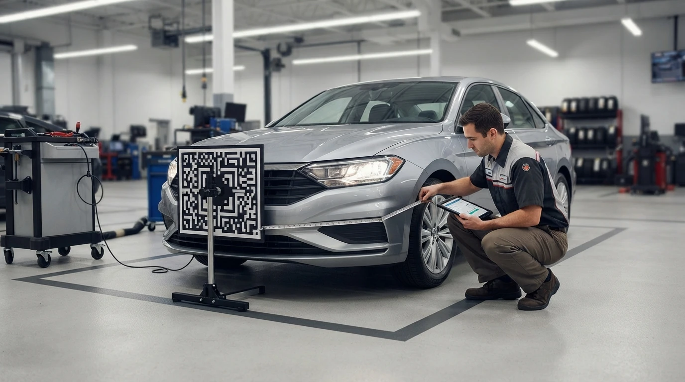 Technician measures target board distance from parked car in service bay