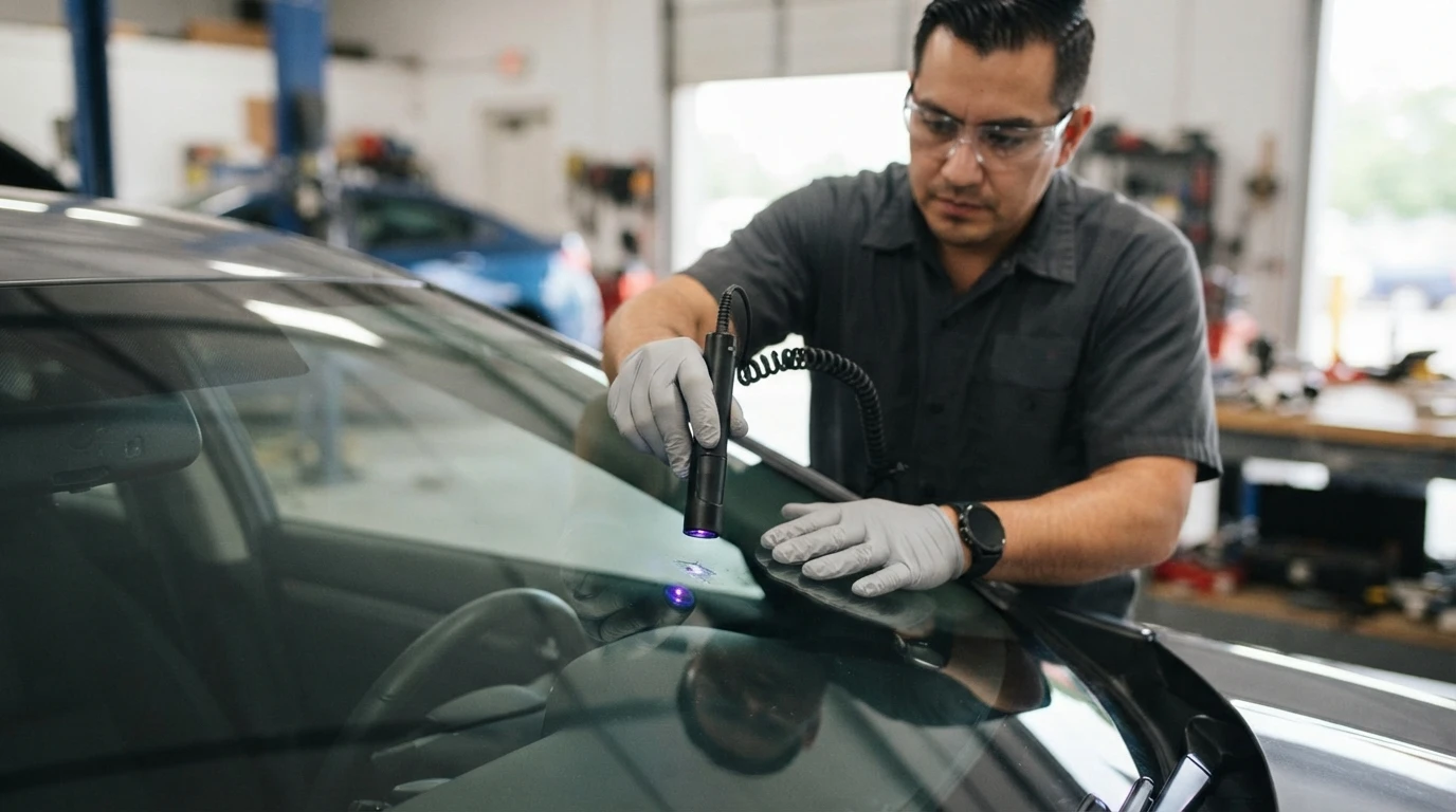 Technician cures a windshield rock chip repair