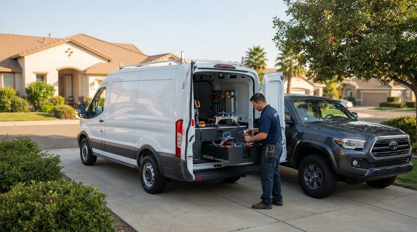 Technician unloads tools from mobile glass van beside pickup