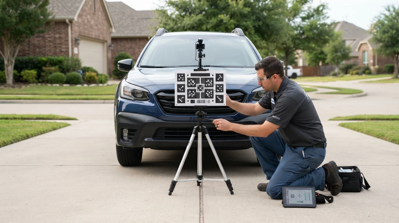 Technician aligning calibration target board by car