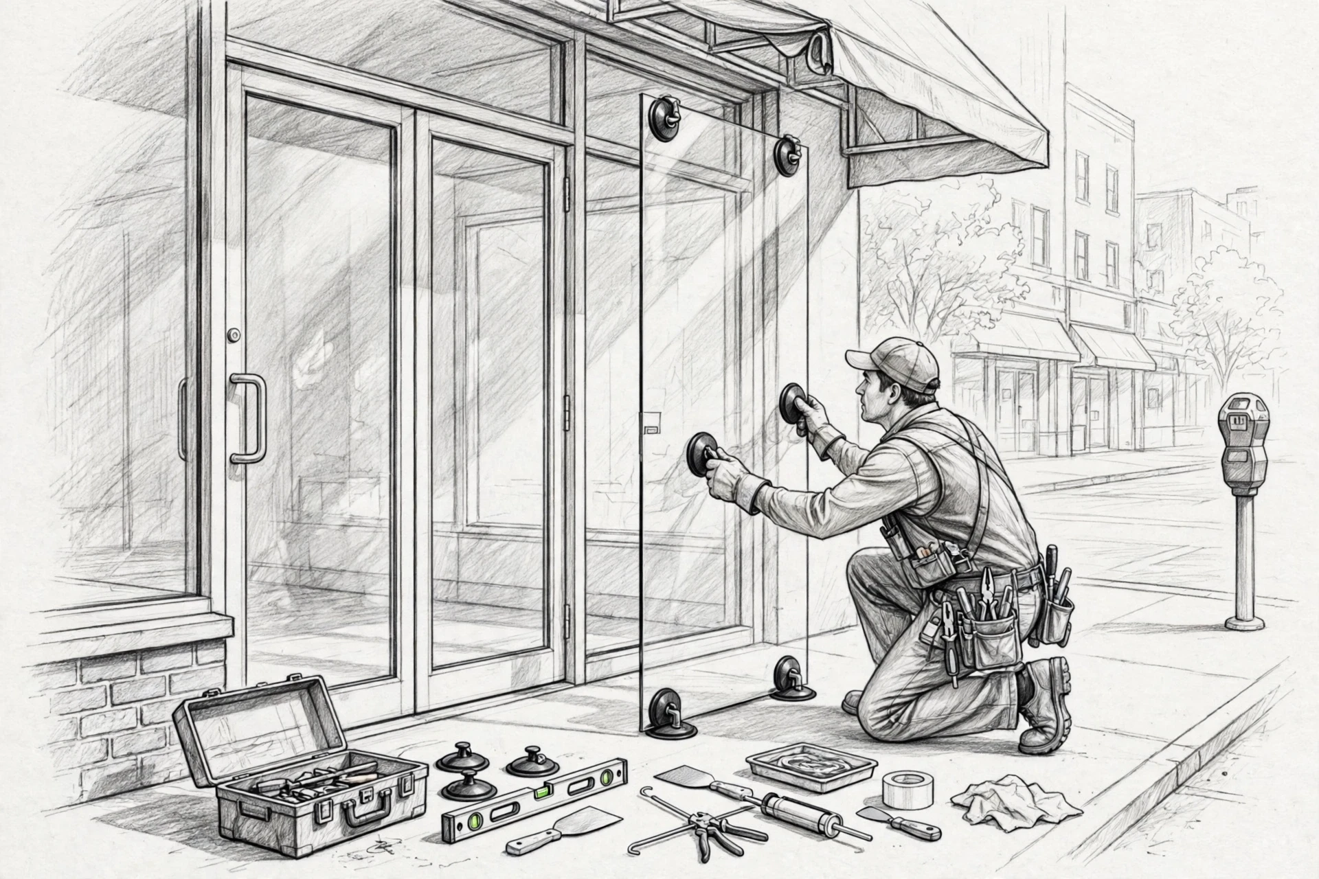 Glazier Installing Code-Compliant Storefront Safety Glass