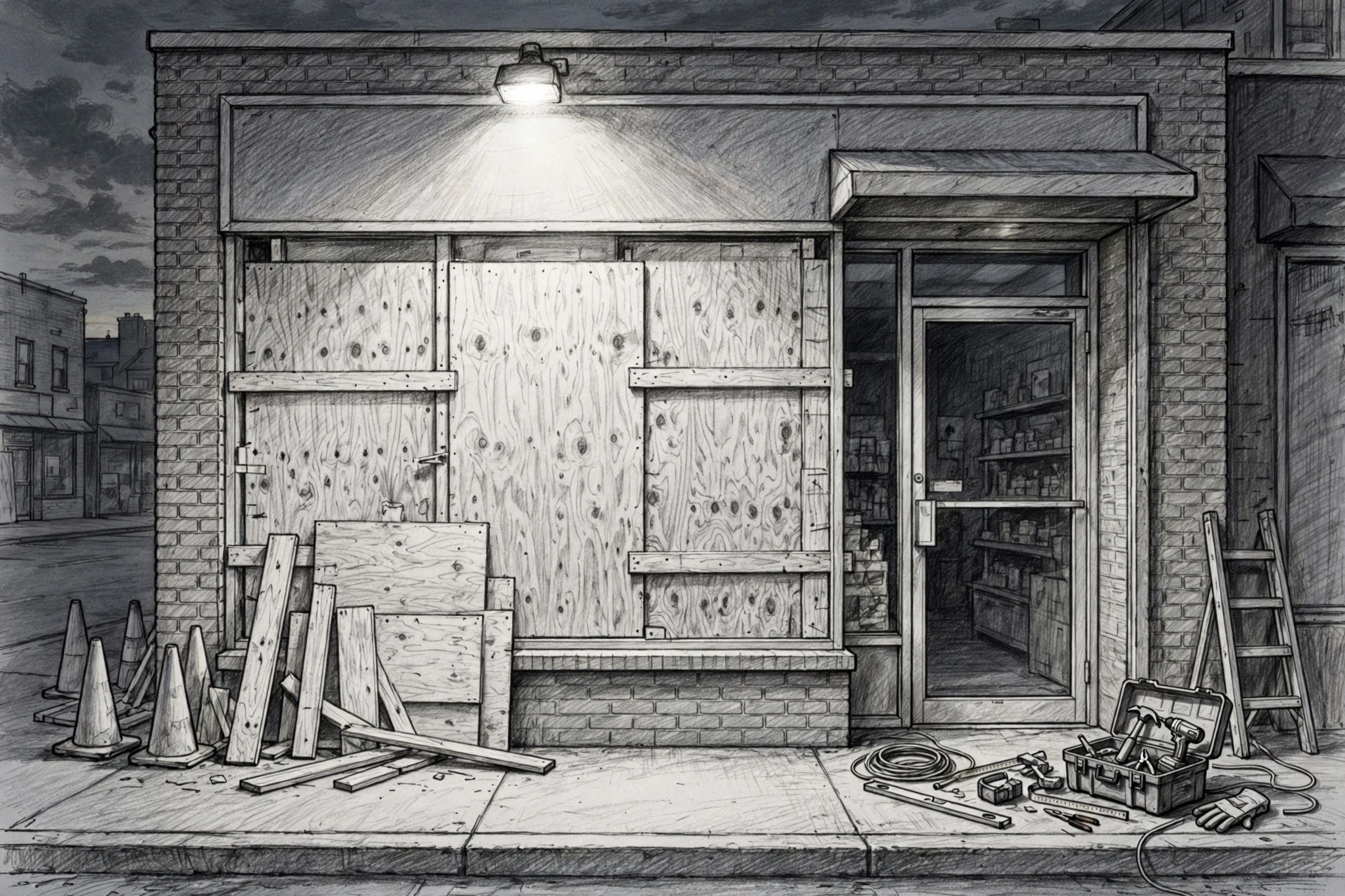 Plywood-covered storefront window at dusk with security light