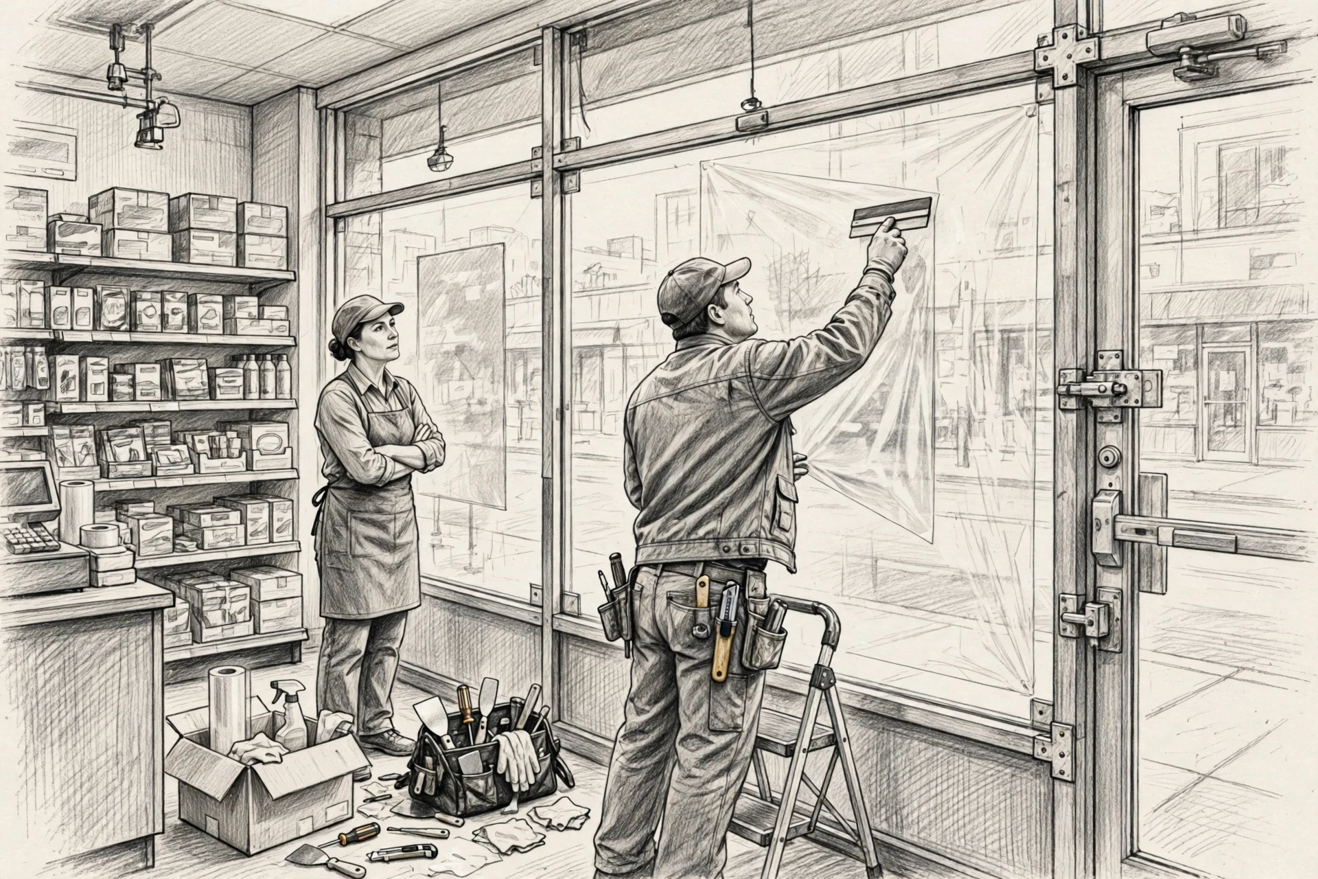 Worker observes technician applying security film to storefront