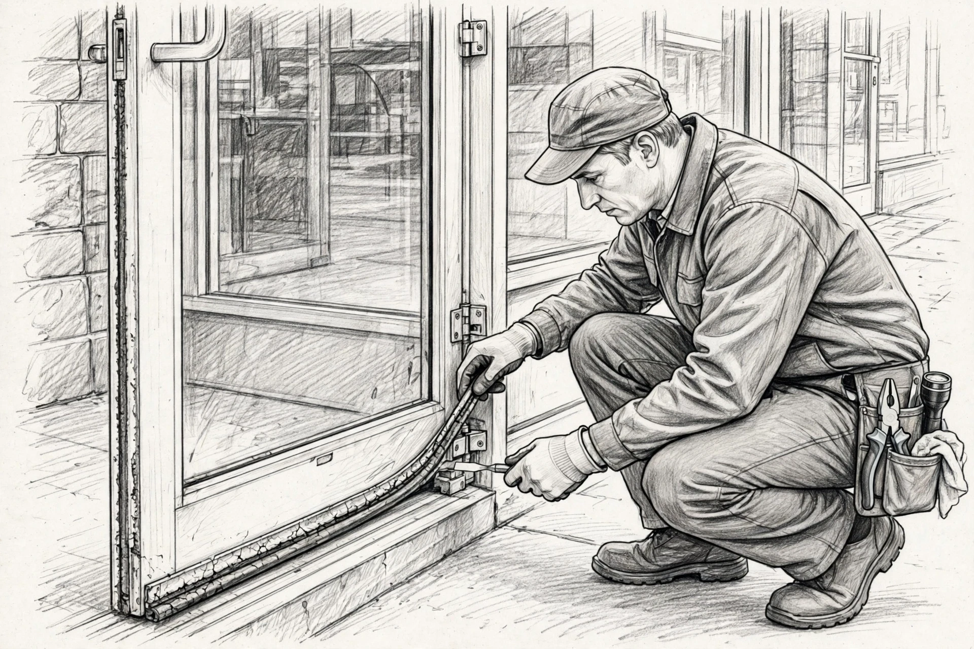 Technician inspecting storefront door gasket and hinges