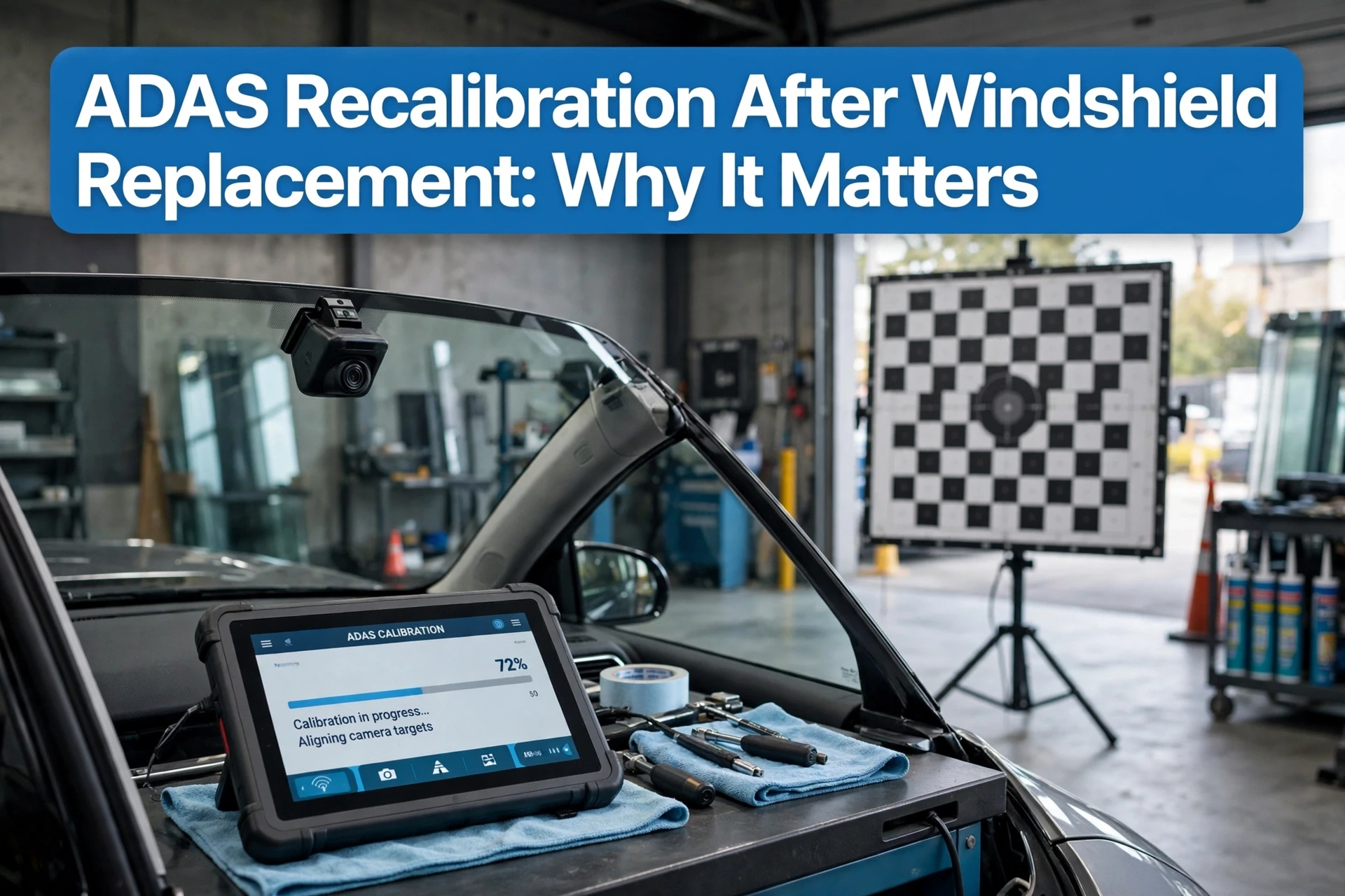 A diagnostic tablet on a dashboard displays an ADAS recalibration process with a checkerboard target visible through the windshield. A diagnostic tablet on a dashboard displays an ADAS recalibration process with a checkerboard target visible through the windshield.