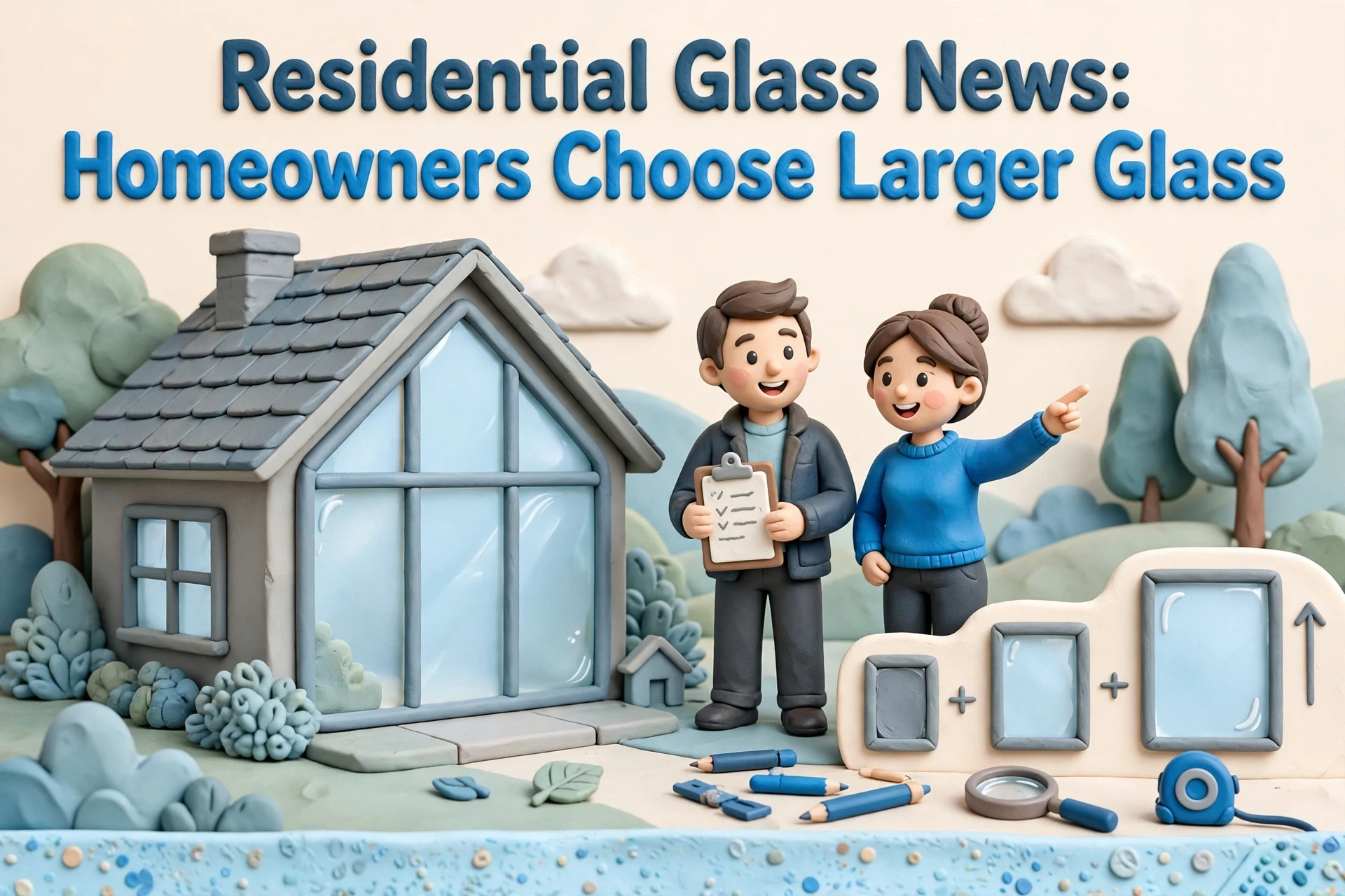 Clay-style illustration titled Residential Glass News: Homeowners Choose Larger Glass, depicting a couple and a professional discussing home windows and residential glass installation. Clay-style illustration titled Residential Glass News: Homeowners Choose Larger Glass, depicting a couple and a professional discussing home windows and residential glass installation.