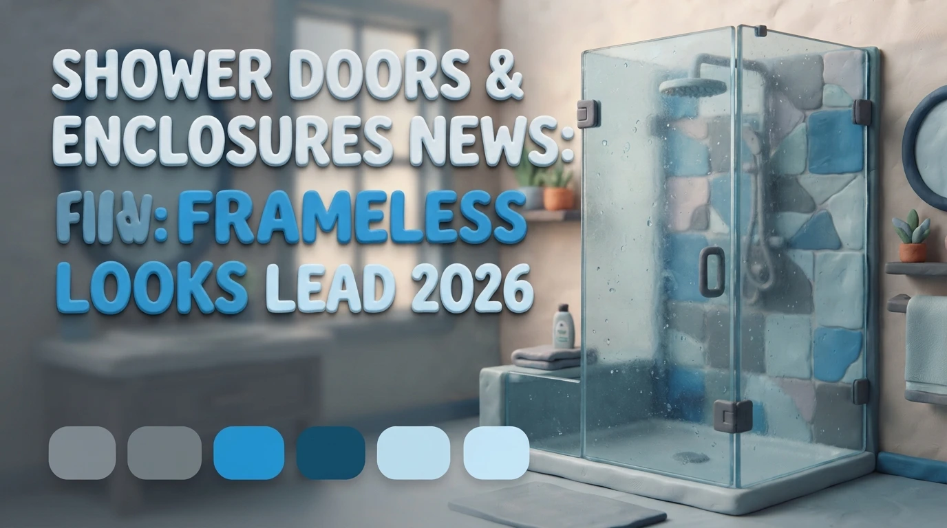 A frameless glass shower enclosure next to text reading “Shower Doors & Enclosures News: FIIN: Frameless Looks Lead 2026,” with grey and blue swatches below. A frameless glass shower enclosure next to text reading “Shower Doors & Enclosures News: FIIN: Frameless Looks Lead 2026,” with grey and blue swatches below.