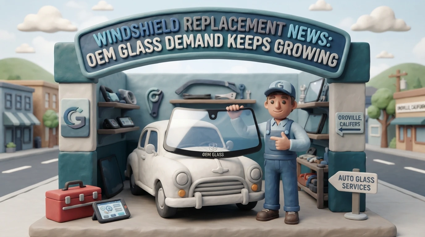 A claymation-style mechanic holds an “OEM GLASS” windshield next to a sign announcing that OEM glass demand for windshield replacement is growing.