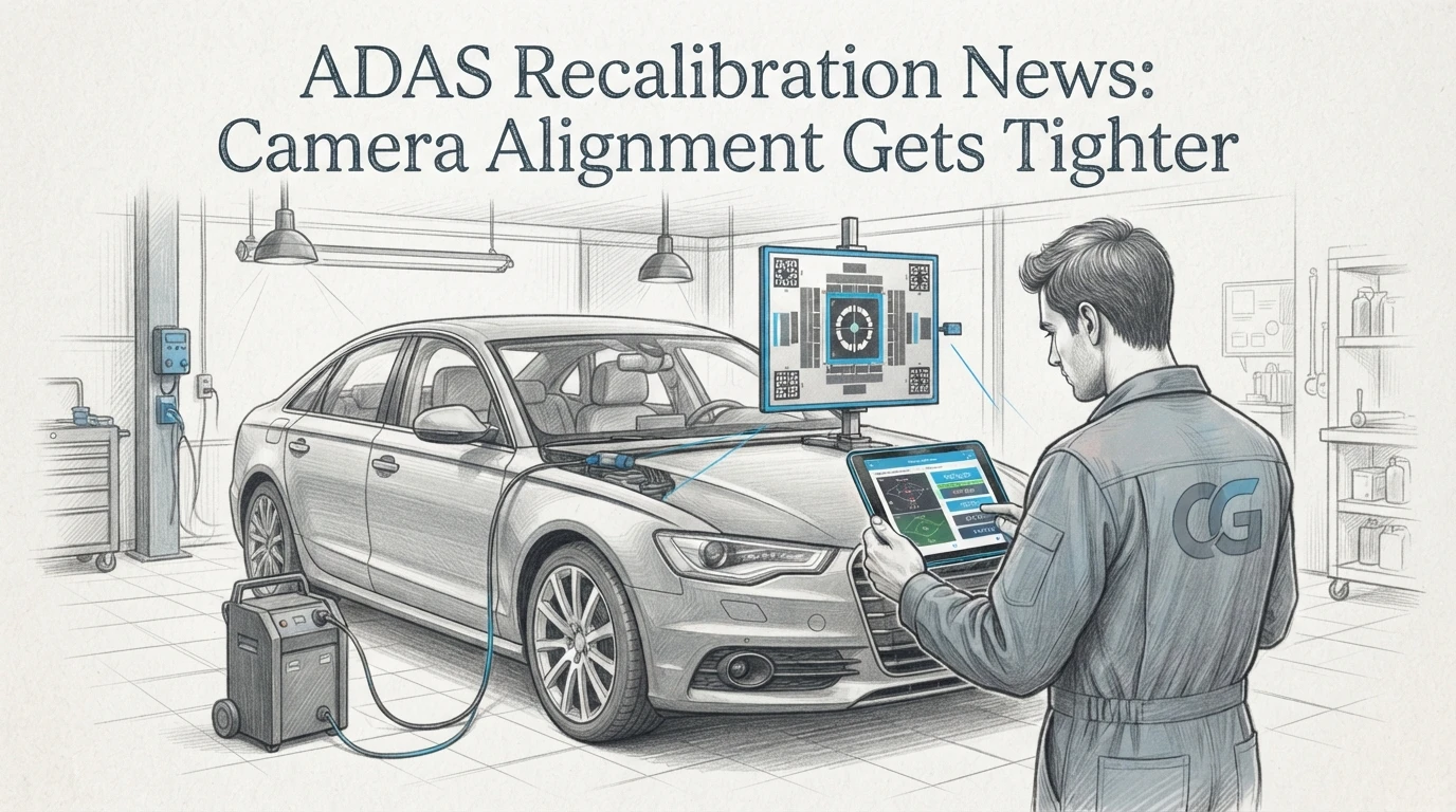A technician uses a tablet to perform an ADAS recalibration on a car, with the text “ADAS Recalibration News: Camera Alignment Gets Tighter” displayed at the top.