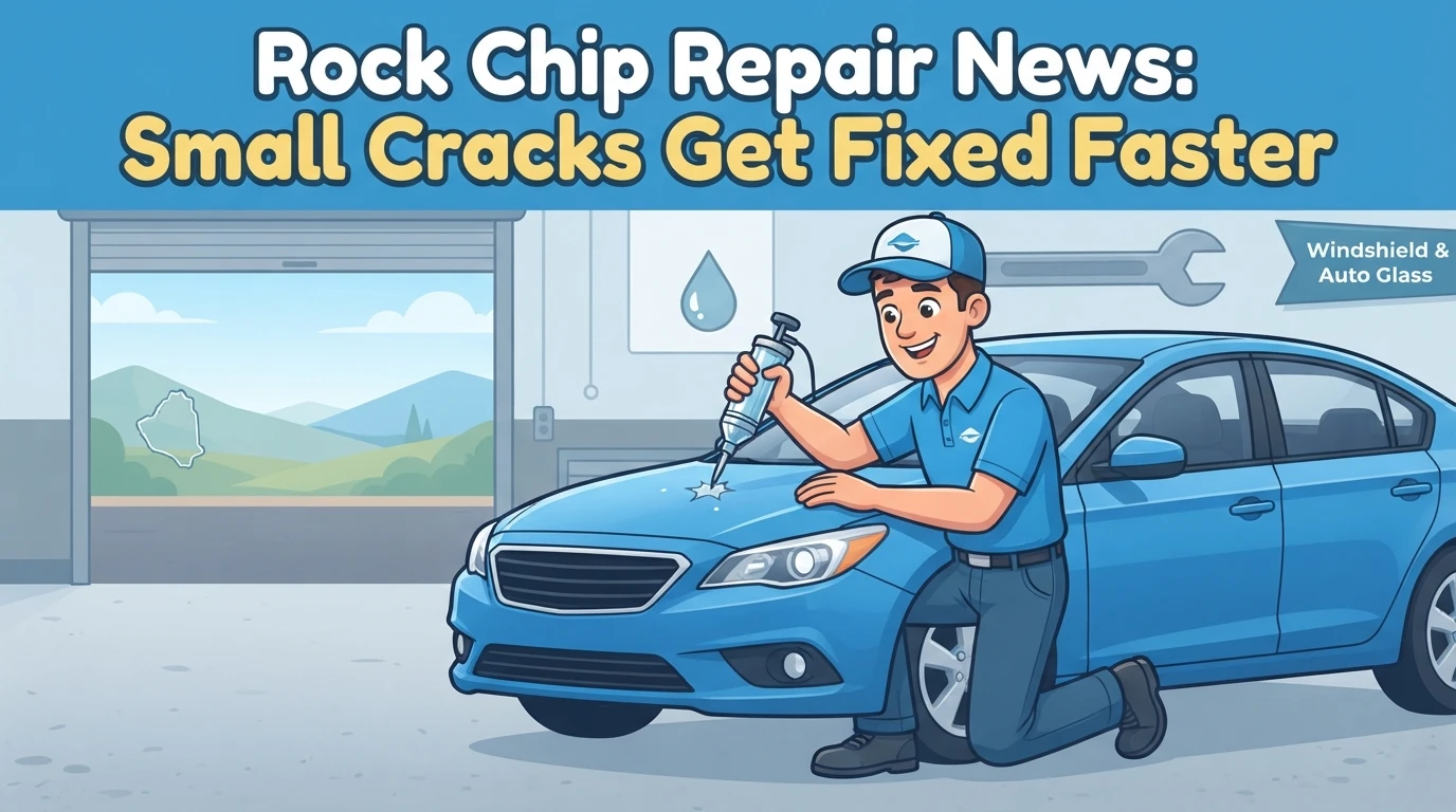 A technician in a blue uniform performing rock chip repair on a car hood, with the text “Rock Chip Repair News: Small Cracks Get Fixed Faster” at the top.