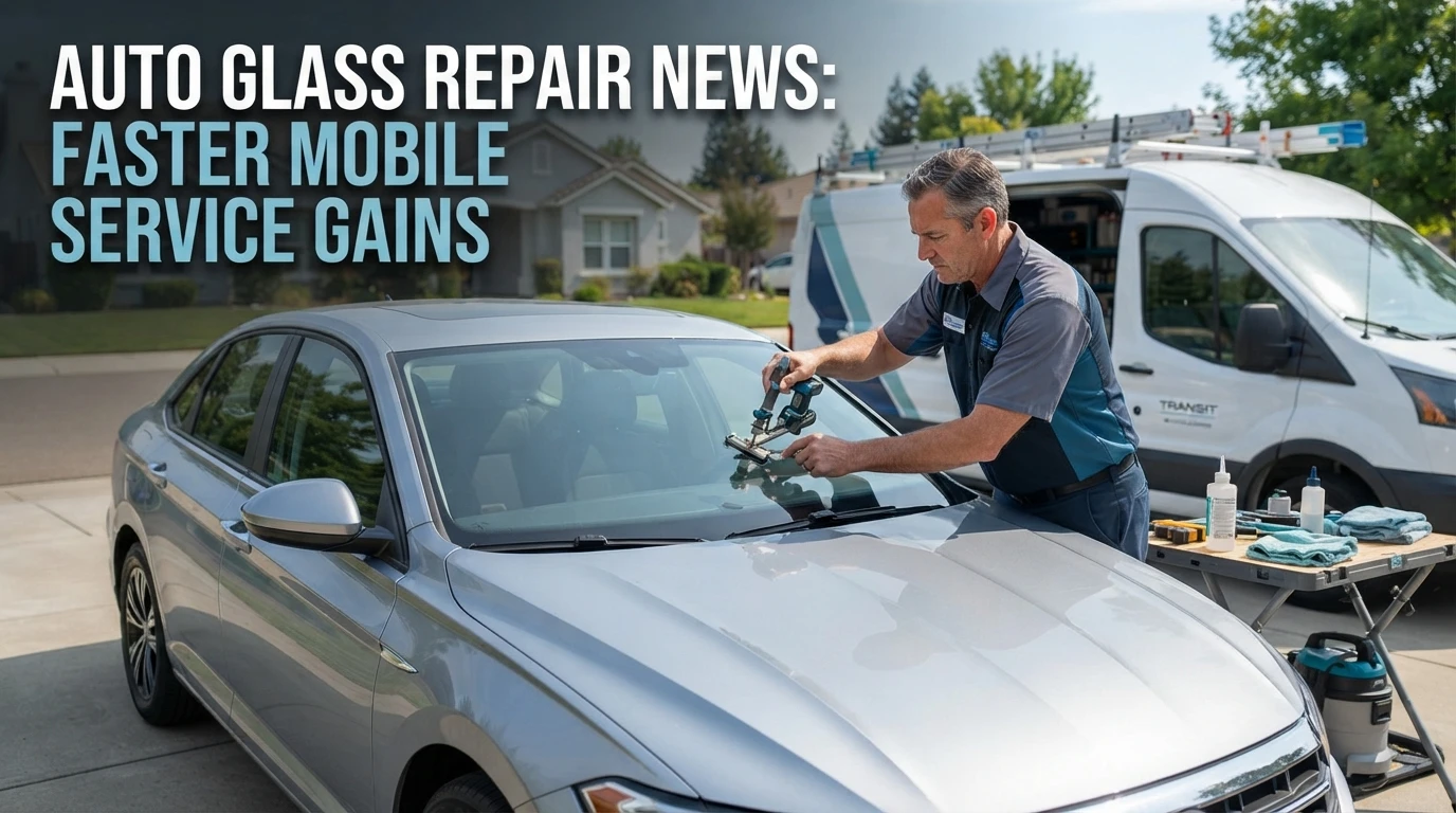 A technician performs an auto glass repair on a silver sedan while a service van is parked behind them. Text overlay reads: “AUTO GLASS REPAIR NEWS: FASTER MOBILE SERVICE GAINS.”