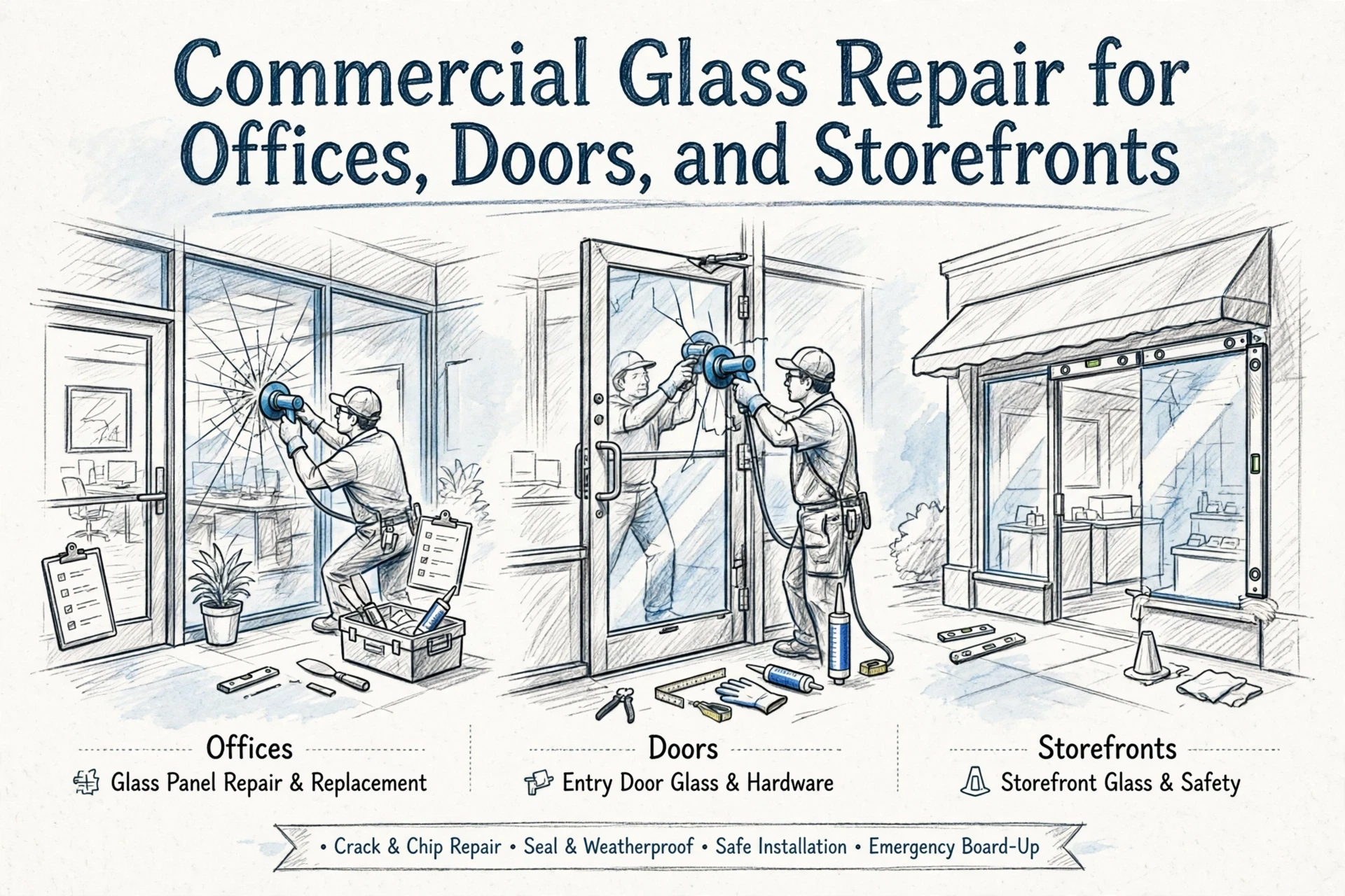 Illustration of professional commercial glass repair services for offices, doors, and storefronts, including crack repair, seal and weatherproofing, installation, and emergency board-up. Illustration of professional commercial glass repair services for offices, doors, and storefronts, including crack repair, seal and weatherproofing, installation, and emergency board-up.