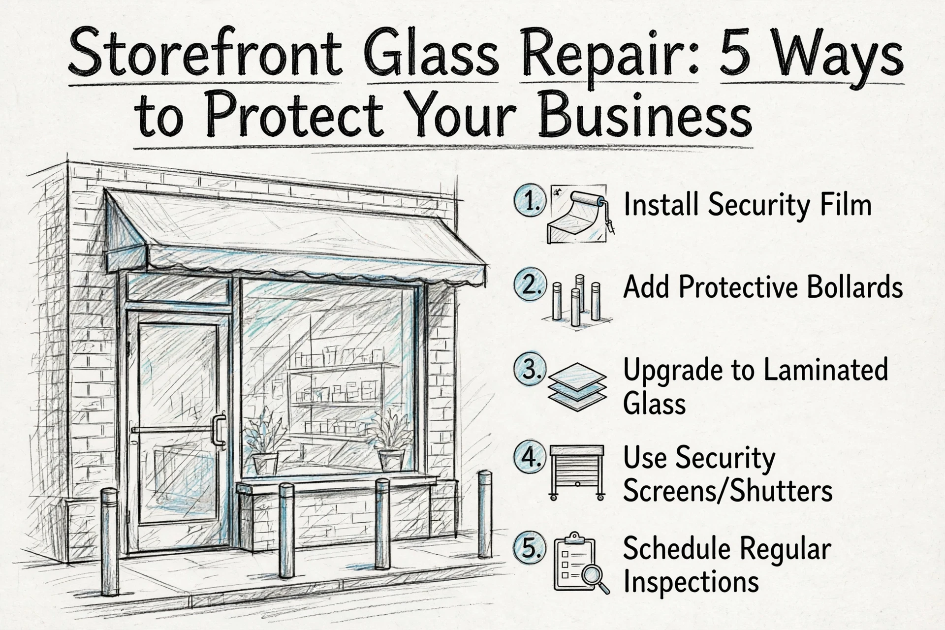 An illustration of a storefront featuring a list titled “Storefront Glass Repair: 5 Ways to Protect Your Business,” covering security film, bollards, laminated glass, shutters, and regular inspections.